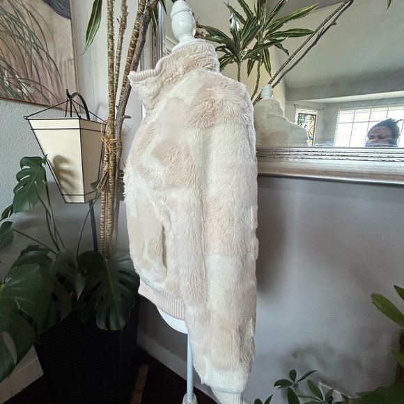 Vintage 90s ESPRIT Checkered Faux Fur Coat Bomber Jacket Mob Wife Size Medium - Picture 3 of 10